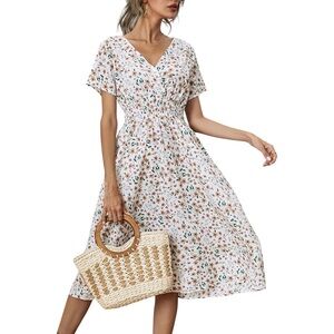 Floral Smocked Waist Dress Ivory S